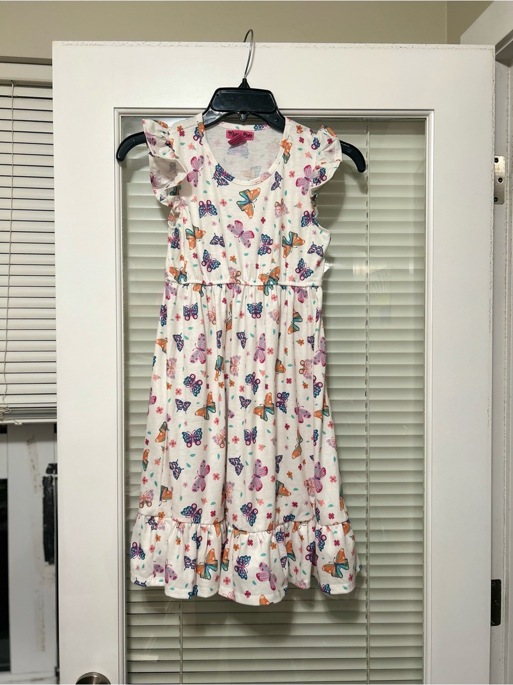 Girls' White Butterfly Print Ruffle-Sleeve Casual Dress